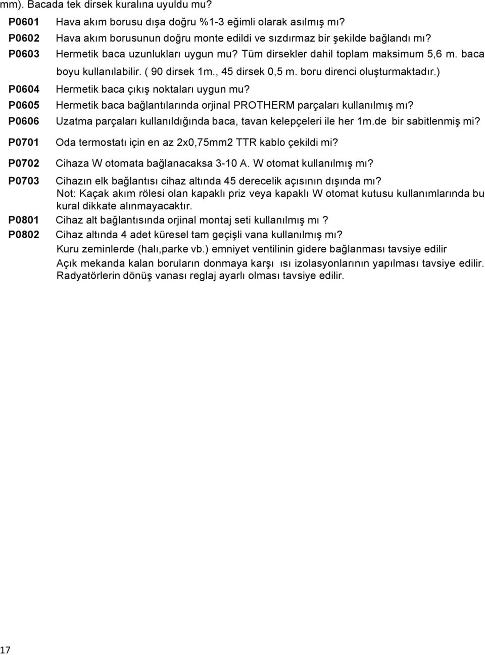 ) P0604 Hermetik baca çıkış noktaları uygun mu? P0605 Hermetik baca bağlantılarında orjinal PROTHERM parçaları kullanılmış mı?