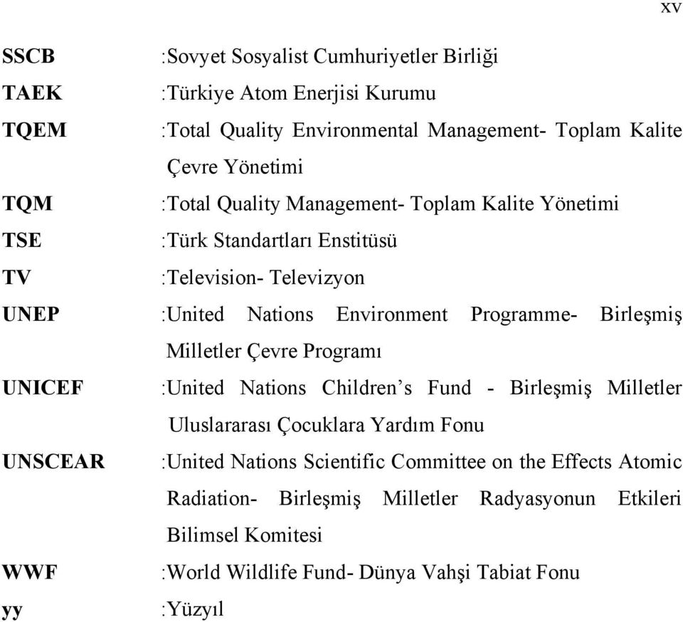 Birleşmiş Milletler Çevre Programı UNICEF :United Nations Children s Fund - Birleşmiş Milletler Uluslararası Çocuklara Yardım Fonu UNSCEAR :United Nations