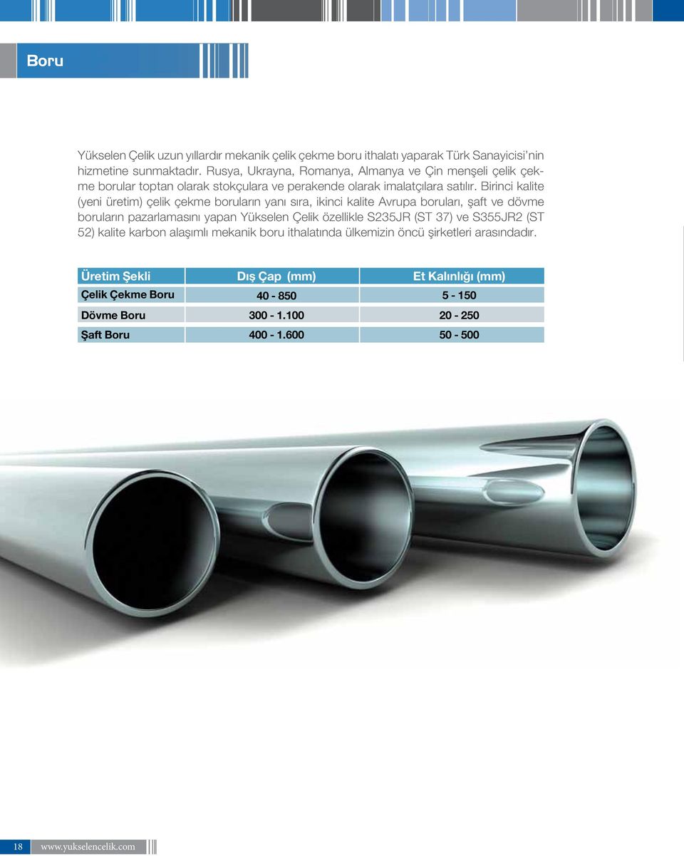 Birinci kalite (yeni üretim) çelik çekme boruların yanı sıra, ikinci kalite Avrupa boruları, şaft ve dövme boruların pazarlamasını yapan Yükselen Çelik özellikle S235JR (ST