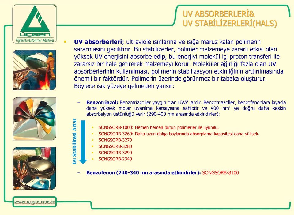 Moleküler ağırlığı fazla olan UV absorberlerinin kullanılması, polimerin stabilizasyon etkinliğinin arttırılmasında önemli bir faktördür. Polimerin üzerinde görünmez bir tabaka oluşturur.