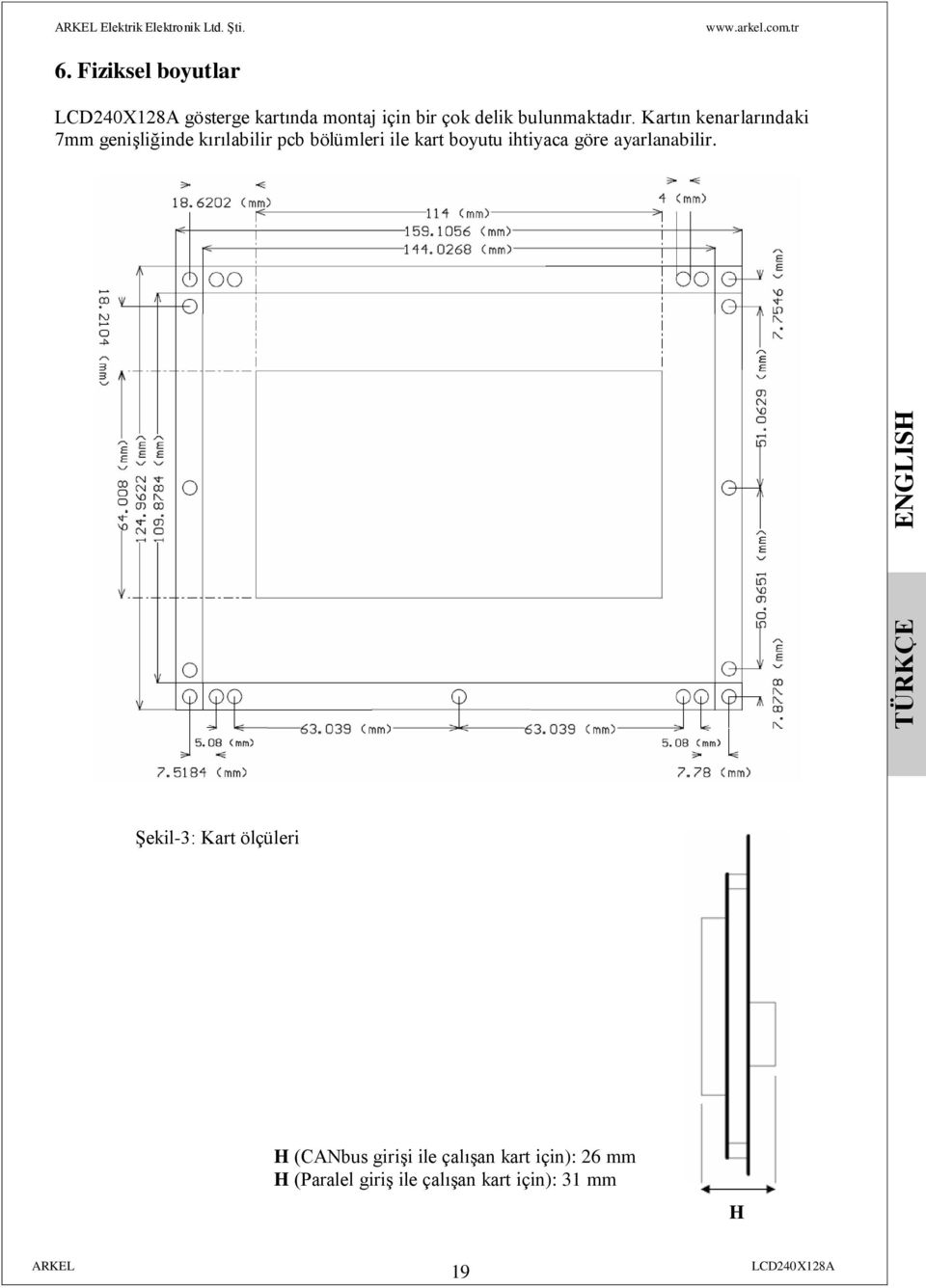 Kartın kenarlarındaki 7mm genişliğinde kırılabilir pcb bölümleri ile kart boyutu