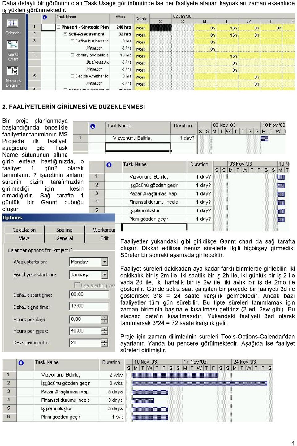 MS Projecte ilk faaliyeti aşağıdaki gibi Task Name sütununun altına girip entera bastığınızda, o faaliyet 1 gün? olarak tanımlanır.