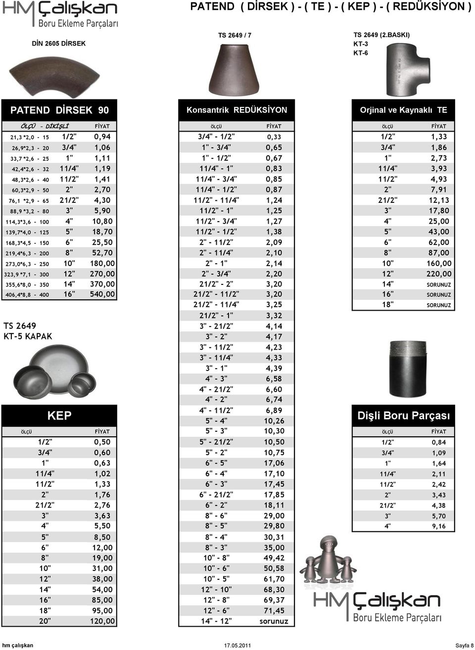 *2,9-65 21/2" 88,9 *3,2-80 3" 114,3*3,6-100 4" 139,7*4,0-125 5" 168,3*4,5-150 6" 219,4*6,3-200 8" 273,0*6,3-250 10" 323,9 *7,1-300 12" 355,6*8,0-350 14" 406,4*8,8-400 16" TS 2649 KT-5 KAPAK 1/2" 3/4"