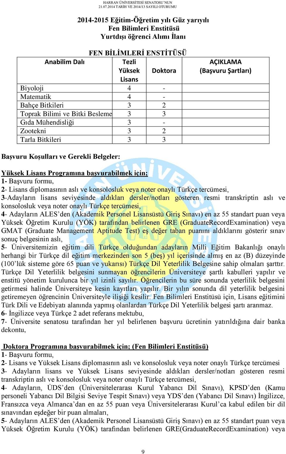 başvurabilmek için; 1- Başvuru formu, 2- Lisans diplomasının aslı ve konsolosluk veya noter onaylı Türkçe tercümesi, 3-Adayların lisans seviyesinde aldıkları dersler/notları gösteren resmi