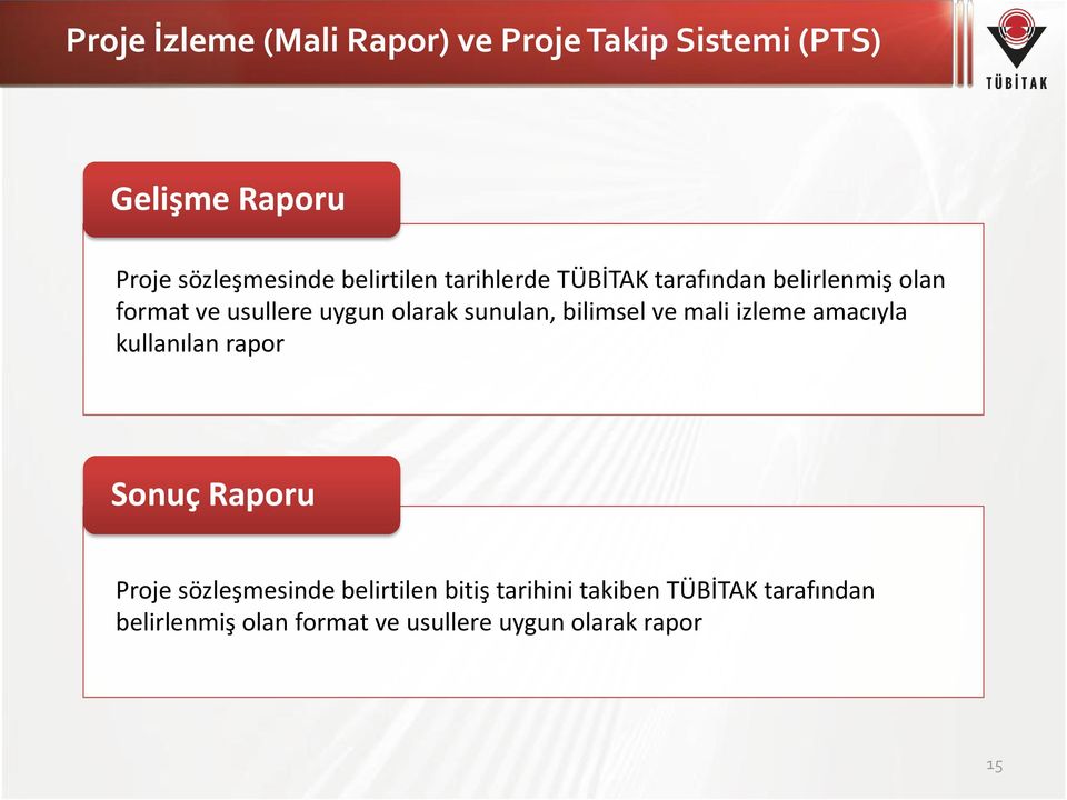 sunulan, bilimsel ve mali izleme amacıyla kullanılan rapor Sonuç Raporu Proje sözleşmesinde