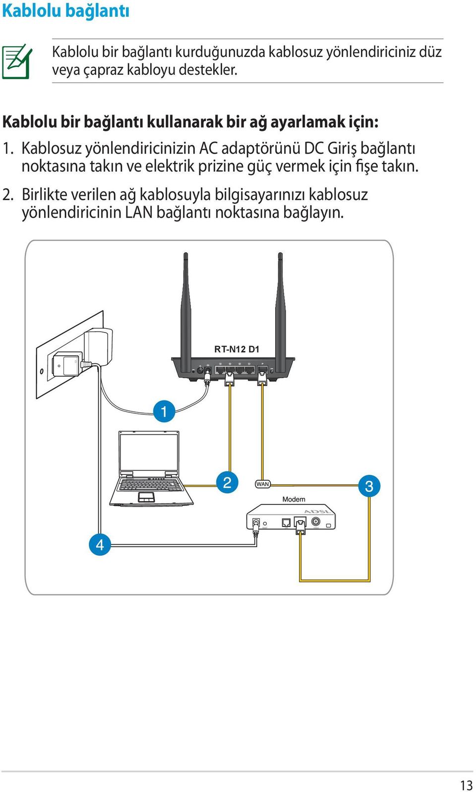 Kablosuz yönlendiricinizin AC adaptörünü DC Giriş bağlantı noktasına takın ve elektrik prizine güç