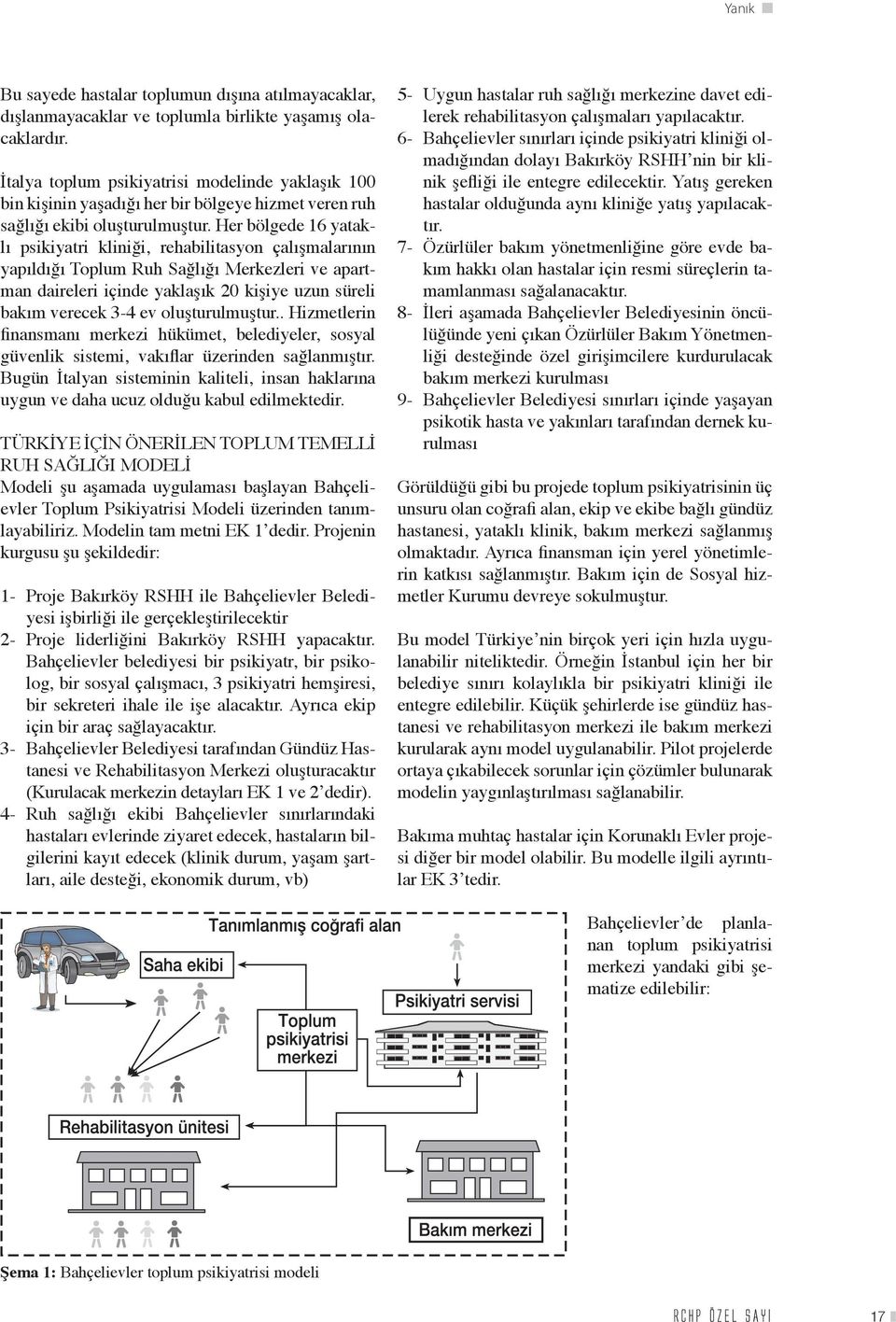 Her bölgede 16 yataklı psikiyatri kliniği, rehabilitasyon çalışmalarının yapıldığı Toplum Ruh Sağlığı Merkezleri ve apartman daireleri içinde yaklaşık 20 kişiye uzun süreli bakım verecek 3-4 ev