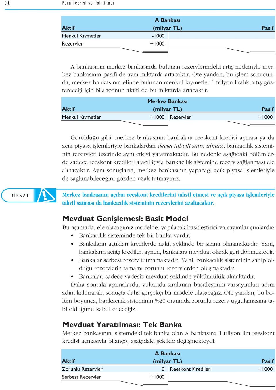 Merkez Bankas Menkul K ymetler +1000 Rezervler +1000 Görüldü ü gibi, merkez bankas n n bankalara reeskont kredisi açmas ya da aç k piyasa ifllemleriyle bankalardan devlet tahvili sat n almas, bankac