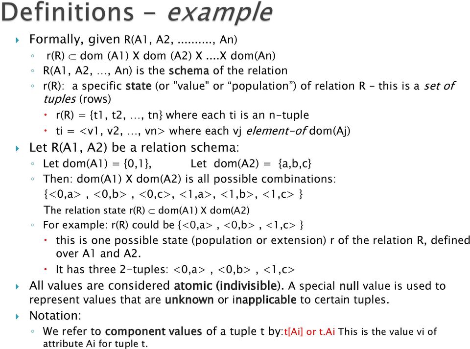 n-tuple ti = <v1, v2,, vn> where each vj element-of dom(aj) Let R(A1, A2) be a relation schema: Let dom(a1) = {0,1}, Let dom(a2) = {a,b,c} Then: dom(a1) X dom(a2) is all possible combinations: