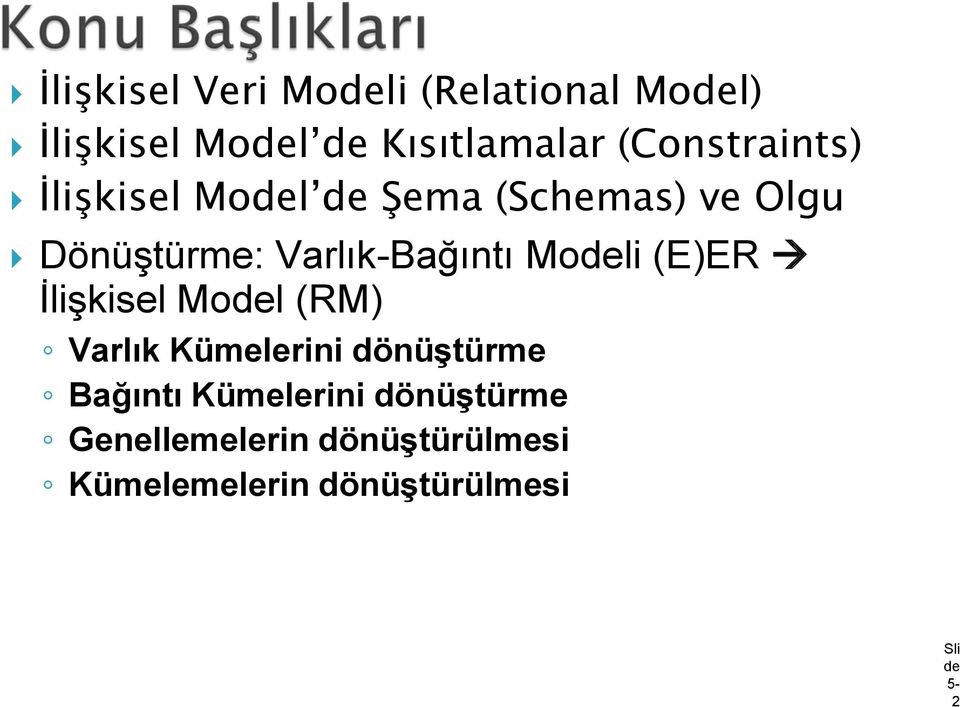 Varlık-Bağıntı Modeli (E)ER İlişkisel Model (RM) Varlık Kümelerini dönüştürme