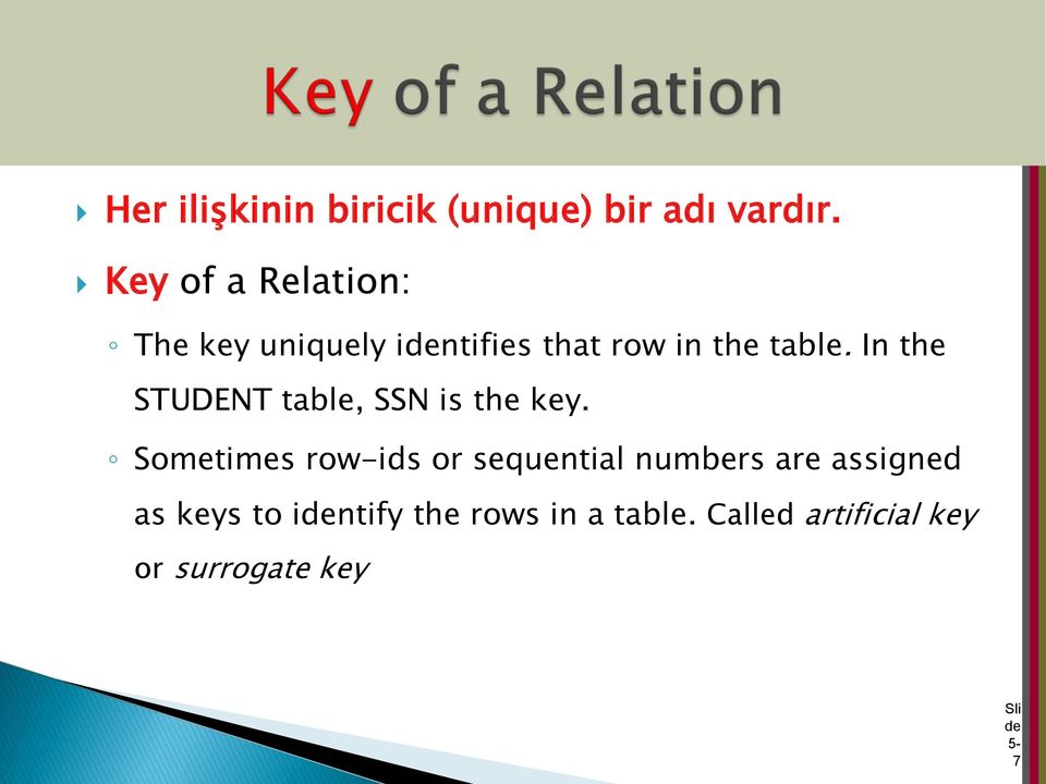 In the STUDENT table, SSN is the key.