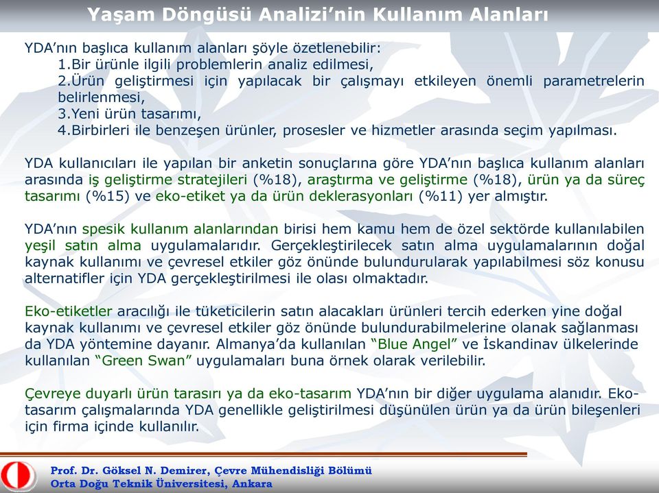 YDA kullanıcıları ile yapılan bir anketin sonuçlarına göre YDA nın başlıca kullanım alanları arasında iş geliştirme stratejileri (%18), araştırma ve geliştirme (%18), ürün ya da süreç tasarımı (%15)