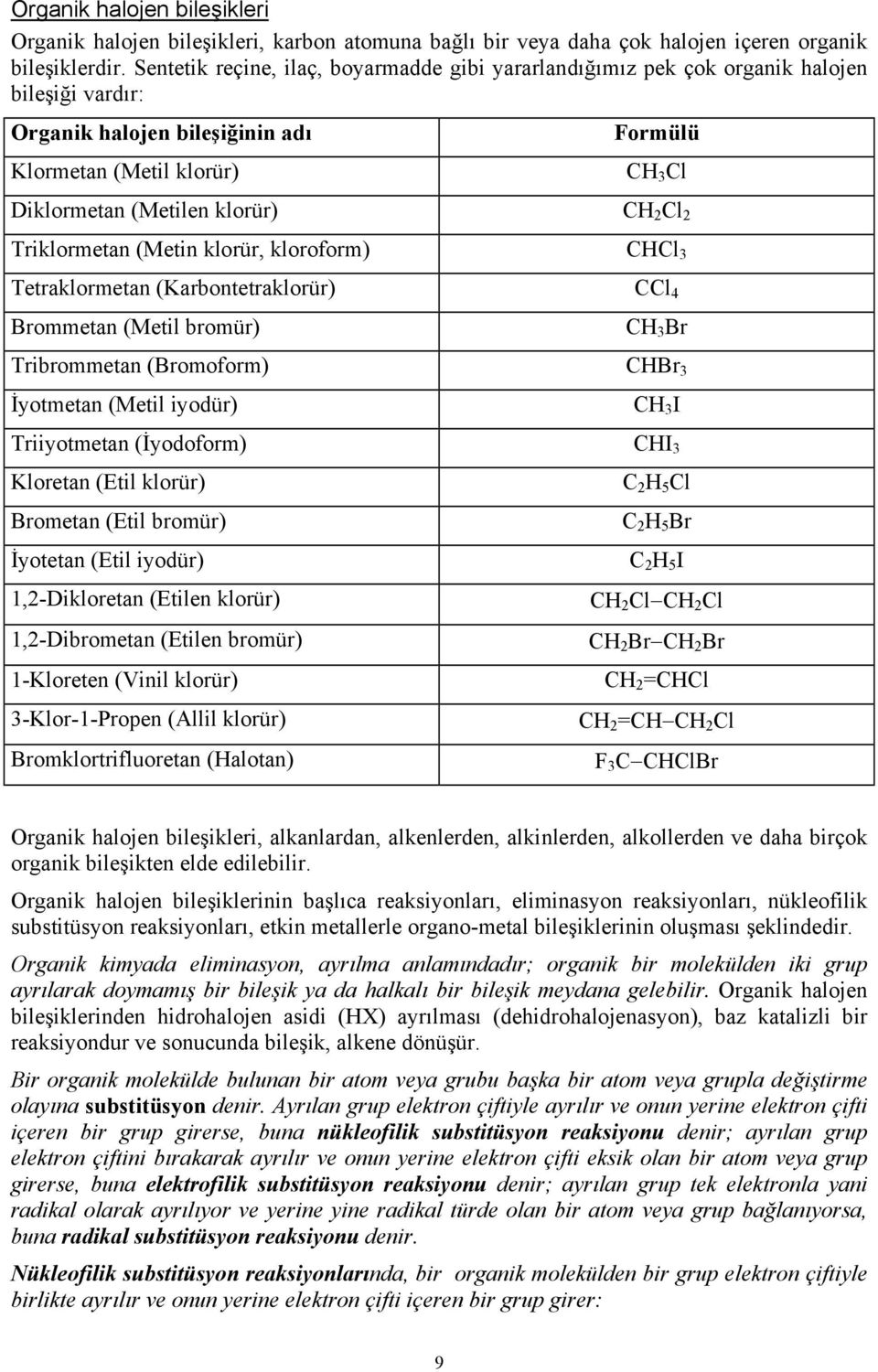 CH 2 Cl 2 Triklormetan (Metin klorür, kloroform) CHCl 3 Tetraklormetan (Karbontetraklorür) CCl 4 Brommetan (Metil bromür) CH 3 Br Tribrommetan (Bromoform) CHBr 3 İyotmetan (Metil iyodür) CH 3 I