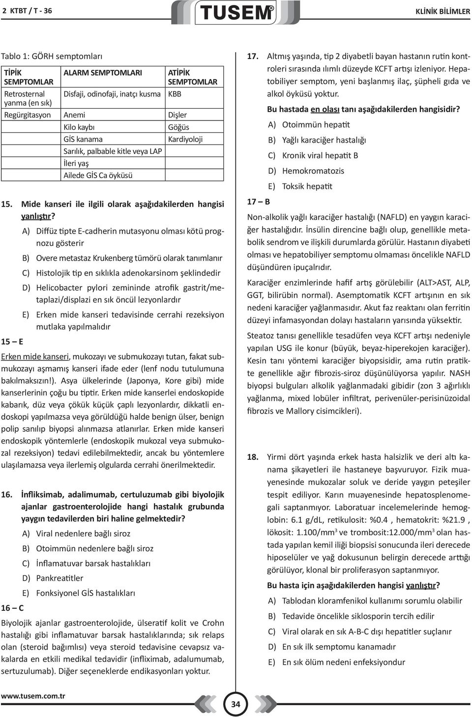 A) Diffüz tipte E-cadherin mutasyonu olması kötü prognozu gösterir B) Overe metastaz Krukenberg tümörü olarak tanımlanır C) Histolojik tip en sıklıkla adenokarsinom şeklindedir D) Helicobacter pylori