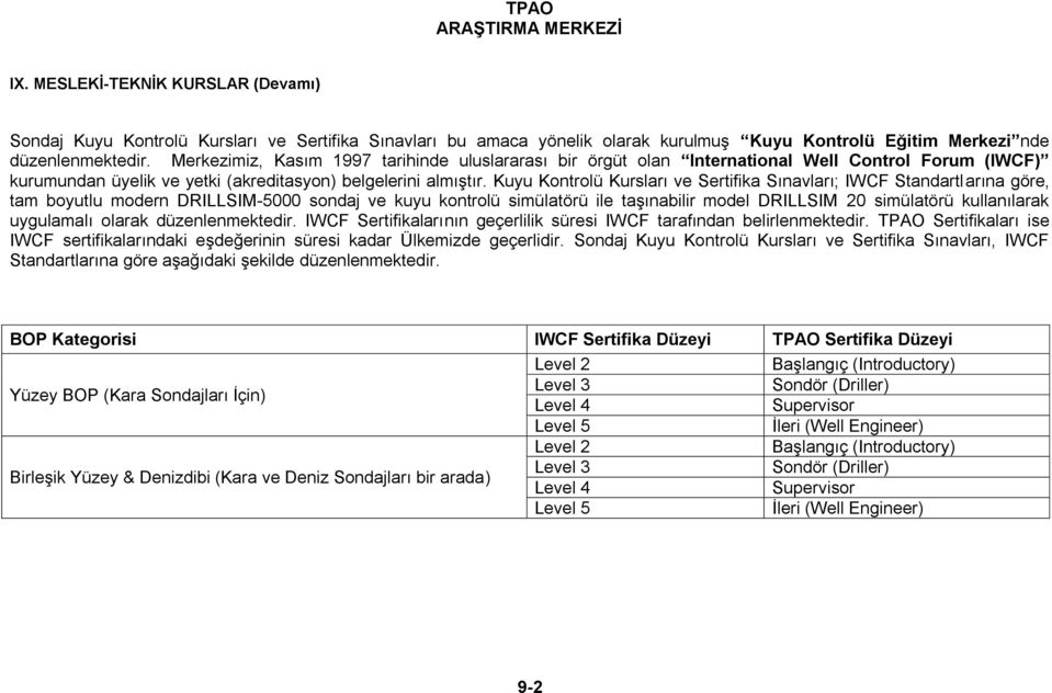 Kuyu Kontrolü Kursları ve Sertifika Sınavları; IWCF Standartlarına göre, tam boyutlu modern DRILLSIM-5000 sondaj ve kuyu kontrolü simülatörü ile taşınabilir model DRILLSIM 20 simülatörü kullanılarak