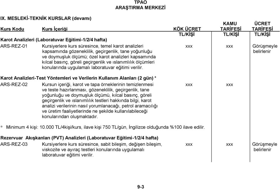 Karot Analizleri-Test Yöntemleri ve Verilerin Kullanım Alanları (2 gün) * ARS-REZ-02 Kursun içeriği, karot ve tapa örneklerinin temizlenmesi xxx xxx ve teste hazırlanması, gözeneklilik, geçirgenlik,