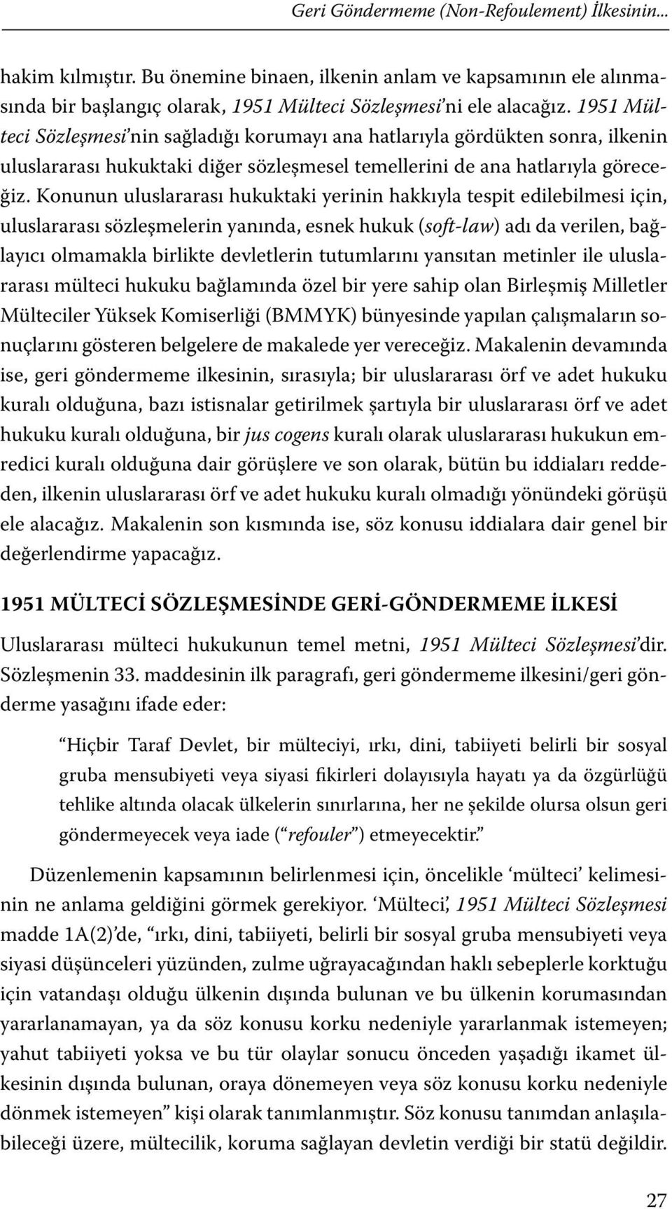 Konunun uluslararası hukuktaki yerinin hakkıyla tespit edilebilmesi için, uluslararası sözleşmelerin yanında, esnek hukuk (soft-law) adı da verilen, bağlayıcı olmamakla birlikte devletlerin