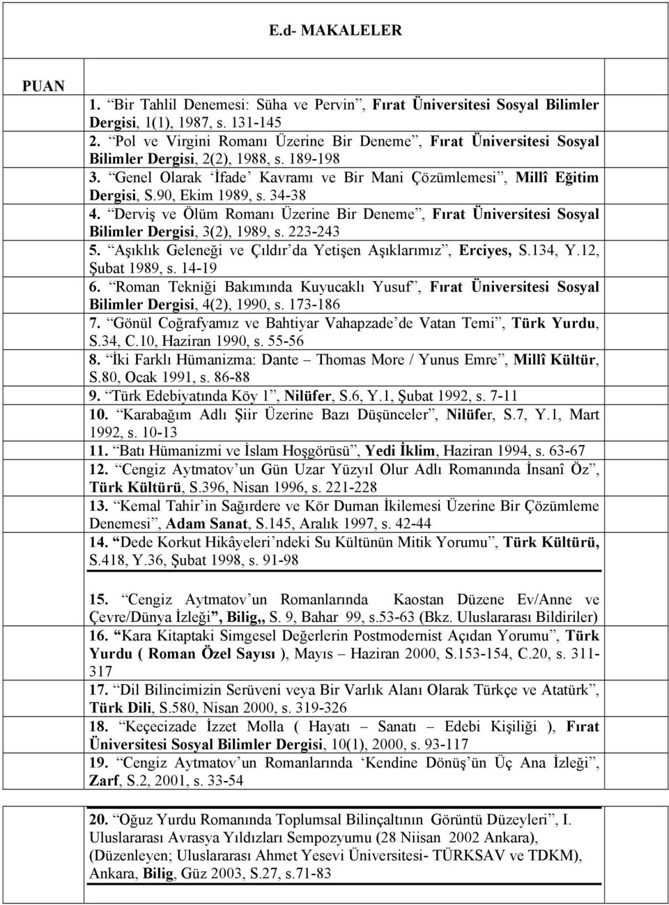 90, Ekim 1989, s. 34-38 4. Derviş ve Ölüm Romanı Üzerine Bir Deneme, Fırat Üniversitesi Sosyal Bilimler Dergisi, 3(2), 1989, s. 223-243 5.