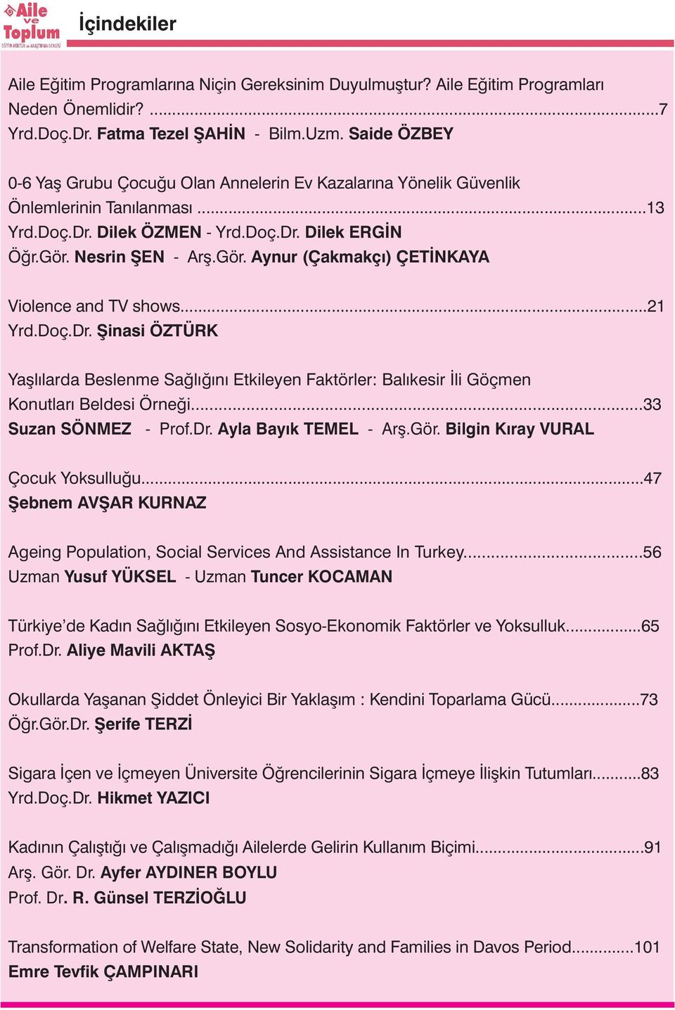 Nesrin ŞEN - Arş.Gör. Aynur (Çakmakçı) ÇETİNKAYA Violence and TV shows...21 Yrd.Doç.Dr. Şinasi ÖZTÜRK Yaşlılarda Beslenme Sağlığını Etkileyen Faktörler: Balıkesir İli Göçmen Konutları Beldesi Örneği.