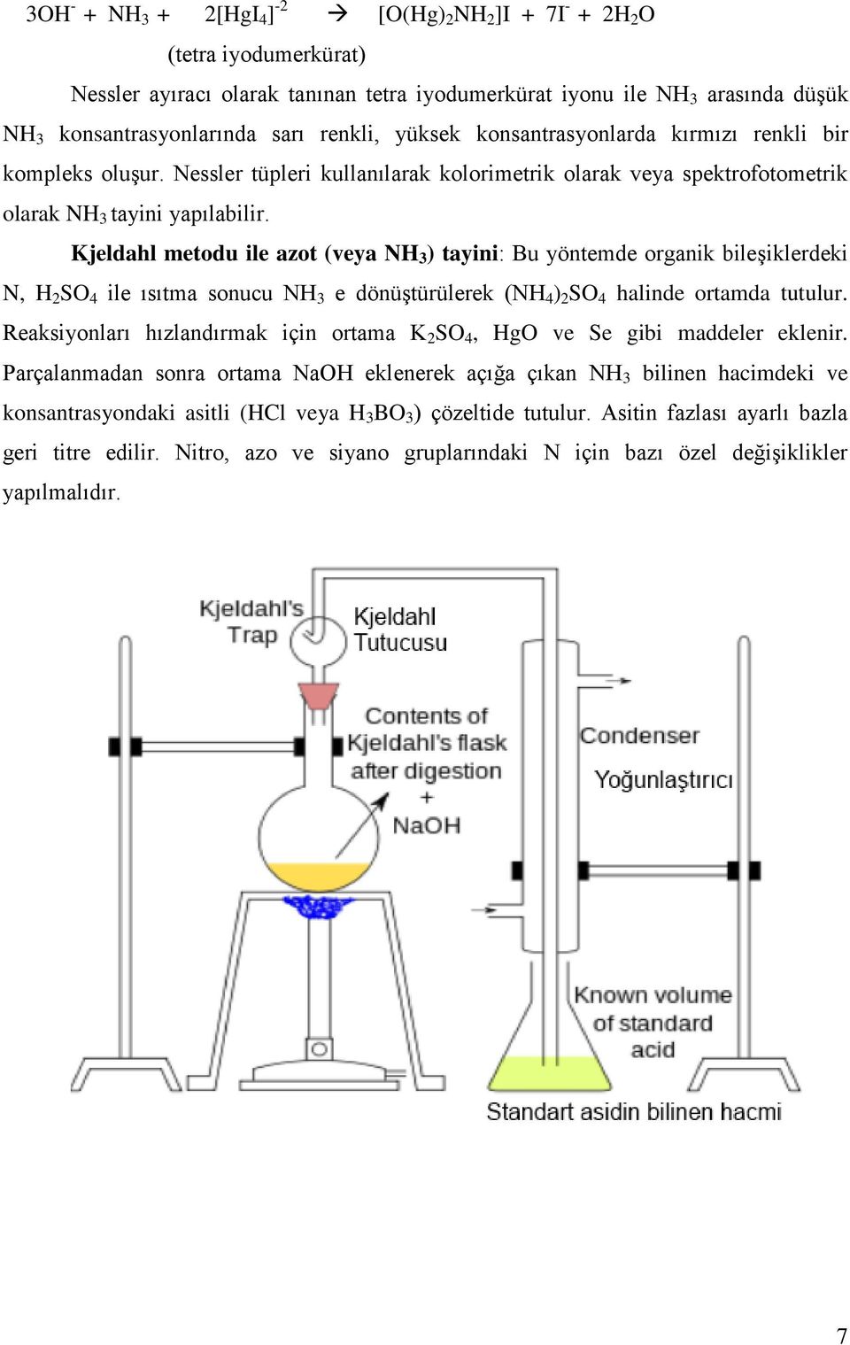 Kjeldahl metodu ile azot (veya NH 3 ) tayini: Bu yöntemde organik bileşiklerdeki N, H 2 SO 4 ile ısıtma sonucu NH 3 e dönüştürülerek (NH 4 ) 2 SO 4 halinde ortamda tutulur.