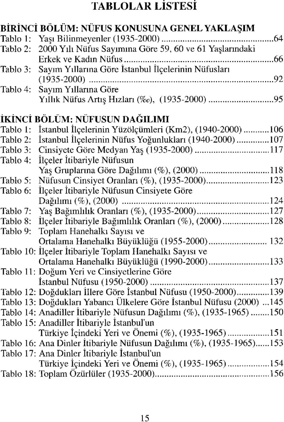 İlçelerinin Yüzölçümleri (Km2), (1940-2000) 106 Tablo 2: İstanbul İlçelerinin Nüfus Yoğunlukları (1940-2000) 107 Tablo 3: Cinsiyete Göre Medyan Yaş (1935-2000) 117 Tablo 4: İlçeler İtibariyle Nüfusun