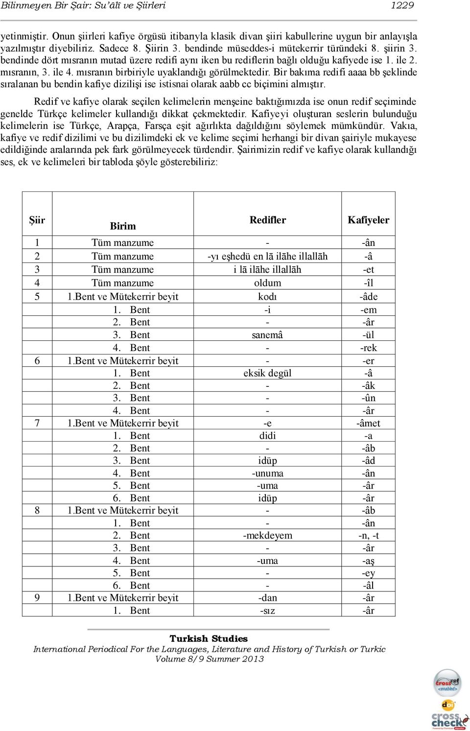 mısranın birbiriyle uyaklandığı görülmektedir. Bir bakıma redifi aaaa bb şeklinde sıralanan bu bendin kafiye dizilişi ise istisnai olarak aabb cc biçimini almıştır.