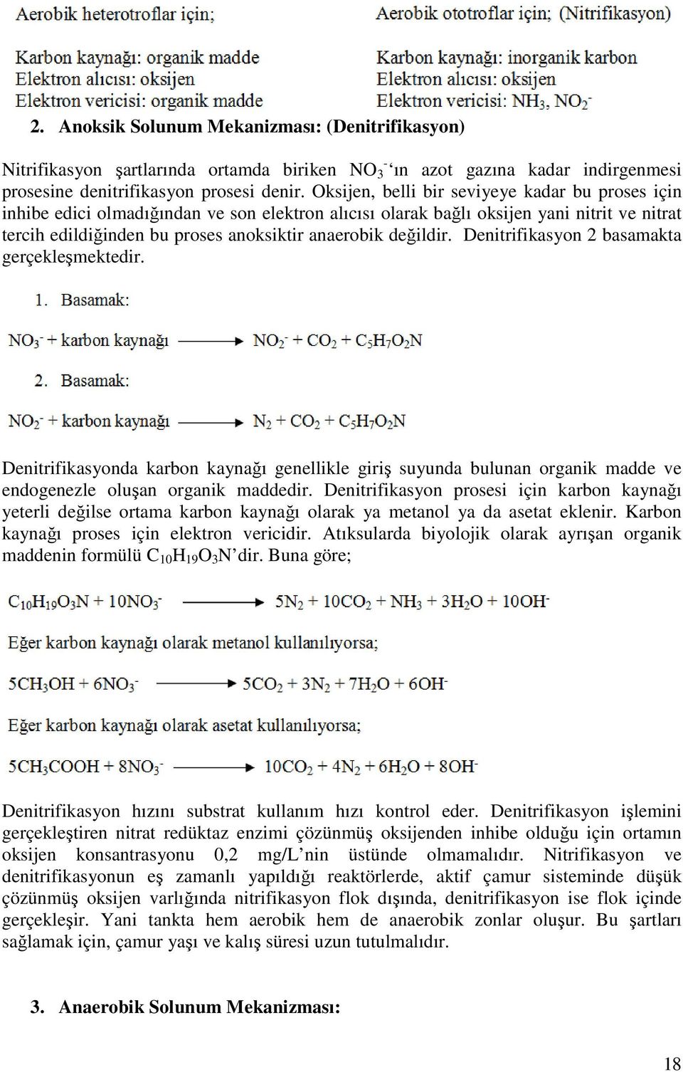 değildir. Denitrifikasyon 2 basamakta gerçekleşmektedir. Denitrifikasyonda karbon kaynağı genellikle giriş suyunda bulunan organik madde ve endogenezle oluşan organik maddedir.