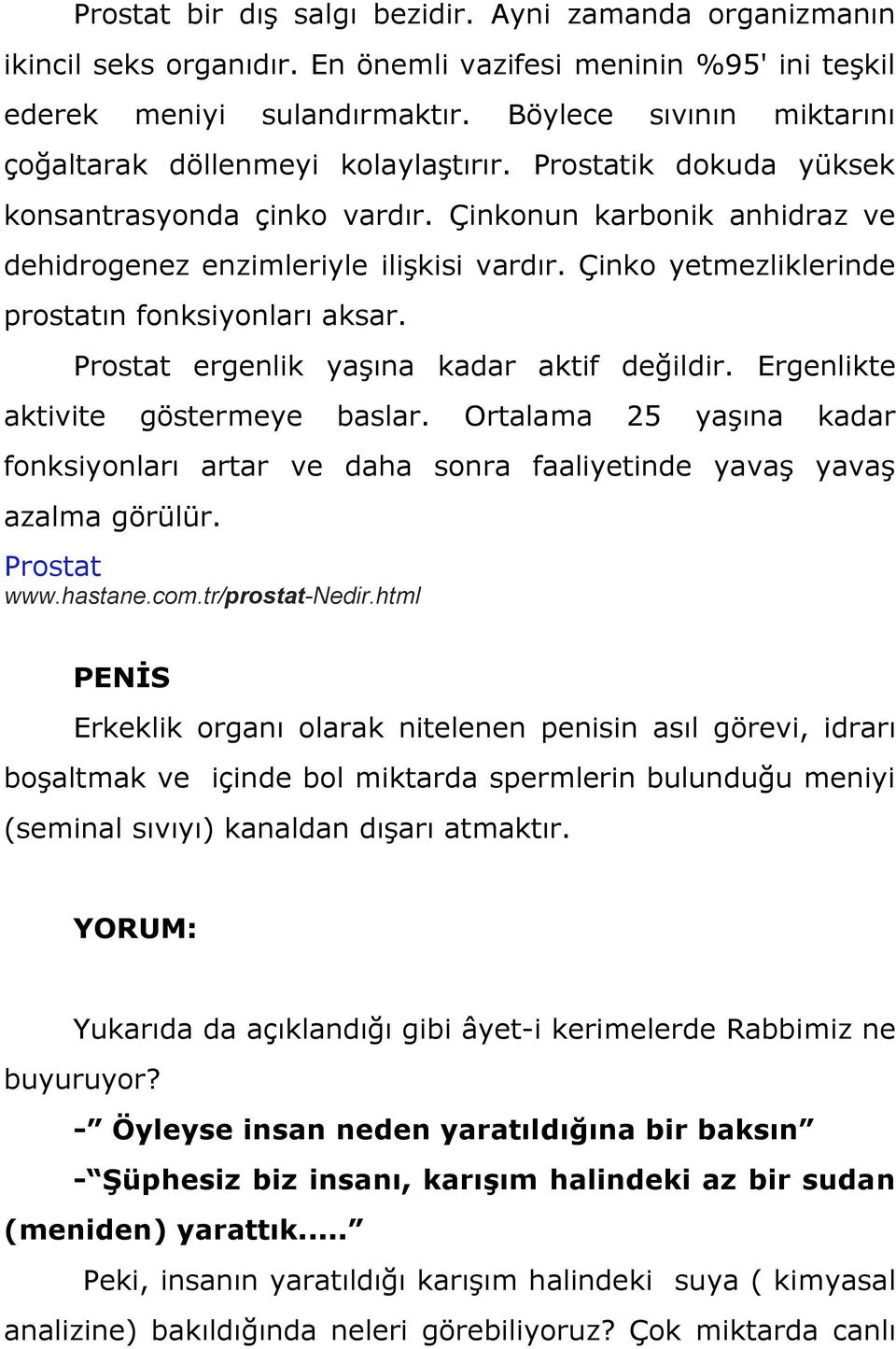 Çinko yetmezliklerinde prostatın fonksiyonları aksar. Prostat ergenlik yaşına kadar aktif değildir. Ergenlikte aktivite göstermeye baslar.