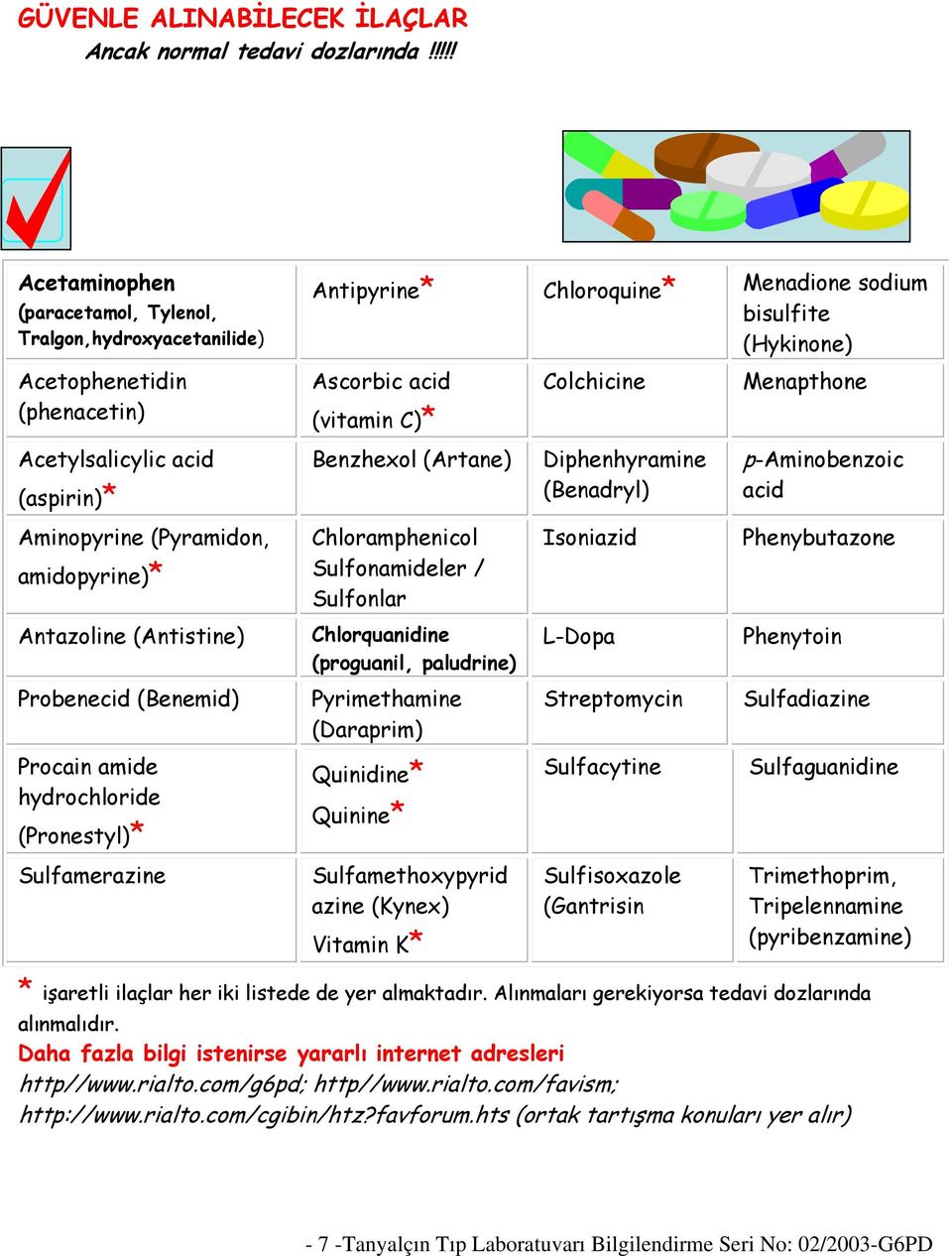 Menapthone Acetylsalicylic acid (aspirin)* Benzhexol (Artane) Diphenhyramine (Benadryl) p-aminobenzoic acid Aminopyrine (Pyramidon, amidopyrine)* Chloramphenicol Sulfonamideler / Sulfonlar Isoniazid