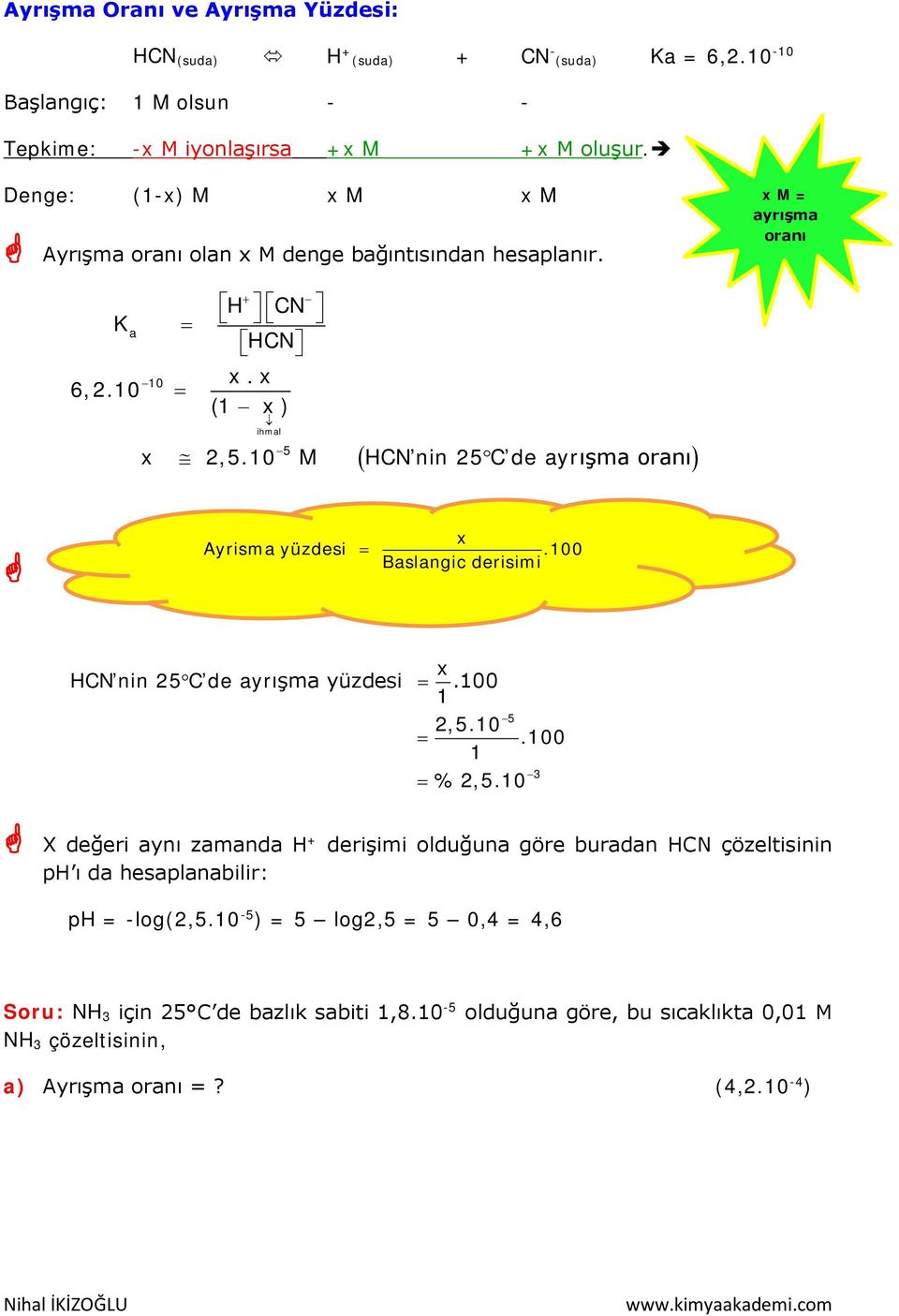 10 M HCN nin 25 C de ayrışma oranı x Ayrisma yüzdesi.100 Baslangic derisimi x HCN nin 25 C de ayrışma yüzdesi.100 1 5 2,5.10.100 1 % 2,5.