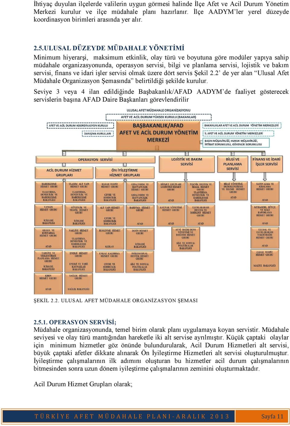 ULUSAL DÜZEYDE MÜDAHALE YÖNETİMİ Minimum hiyerarşi, maksimum etkinlik, olay türü ve boyutuna göre modüler yapıya sahip müdahale organizasyonunda, operasyon servisi, bilgi ve planlama servisi,