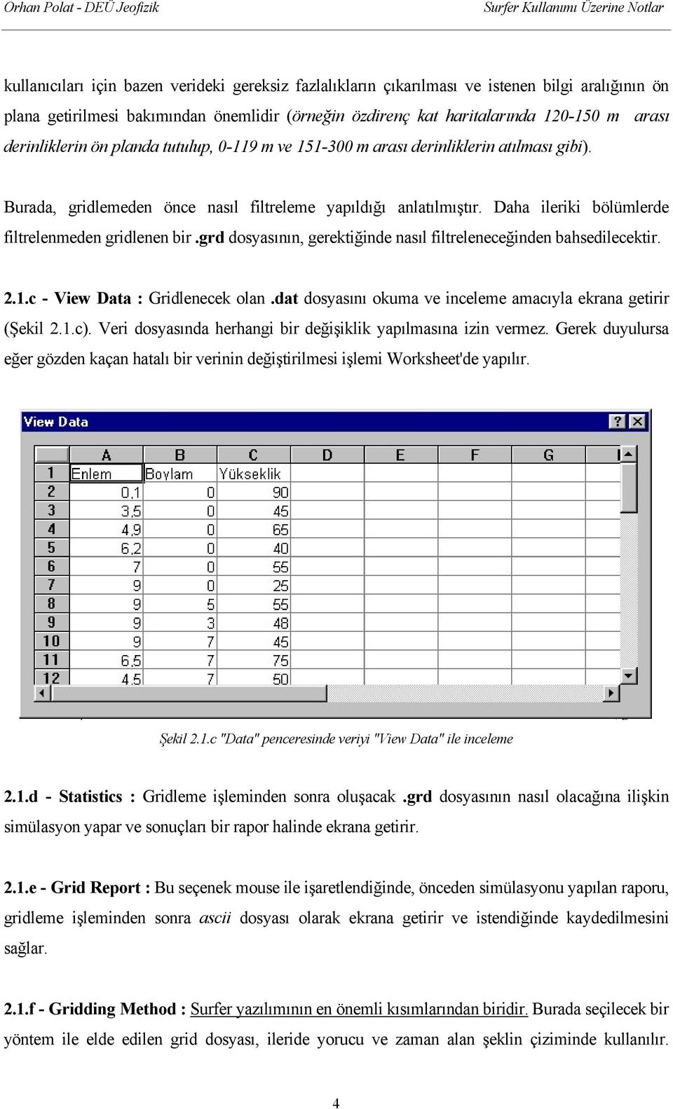 Daha ileriki bölümlerde filtrelenmeden gridlenen bir.grd dosyasının, gerektiğinde nasıl filtreleneceğinden bahsedilecektir. 2.1.c - View Data : Gridlenecek olan.