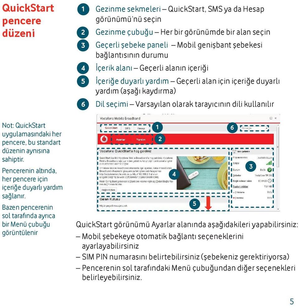 QuickStart uygulamasındaki her pencere, bu standart düzenin aynısına sahiptir. Pencerenin altında, her pencere için içeriğe duyarlı yardım sağlanır.