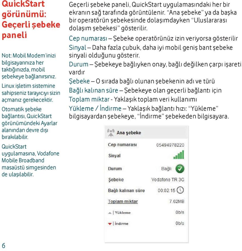 QuickStart uygulamasına, Vodafone Mobile Broadband masaüstü simgesinden de ulaşılabilir. Geçerli şebeke paneli, QuickStart uygulamasındaki her bir ekranın sağ tarafında görüntülenir.