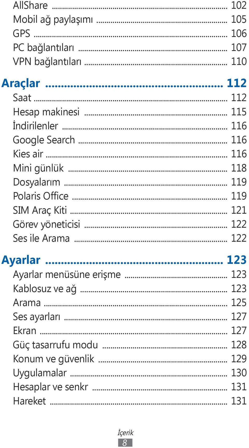 .. 121 Görev yöneticisi... 122 Ses ile Arama... 122 Ayarlar... 123 Ayarlar menüsüne erişme... 123 Kablosuz ve ağ... 123 Arama.