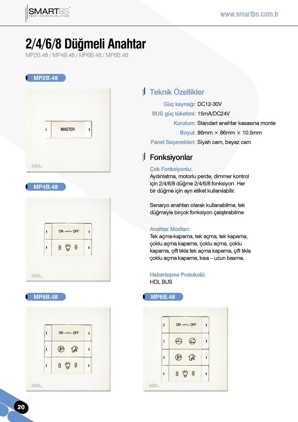 48 Çok Fonksiyonlu: Aydınlatma, motorlu perde, dimmer kontrol için 2/4/6/8 düğme 2/4/6/8 fonksiyon. Her bir düğme için ayrı etiket kullanılabilir.