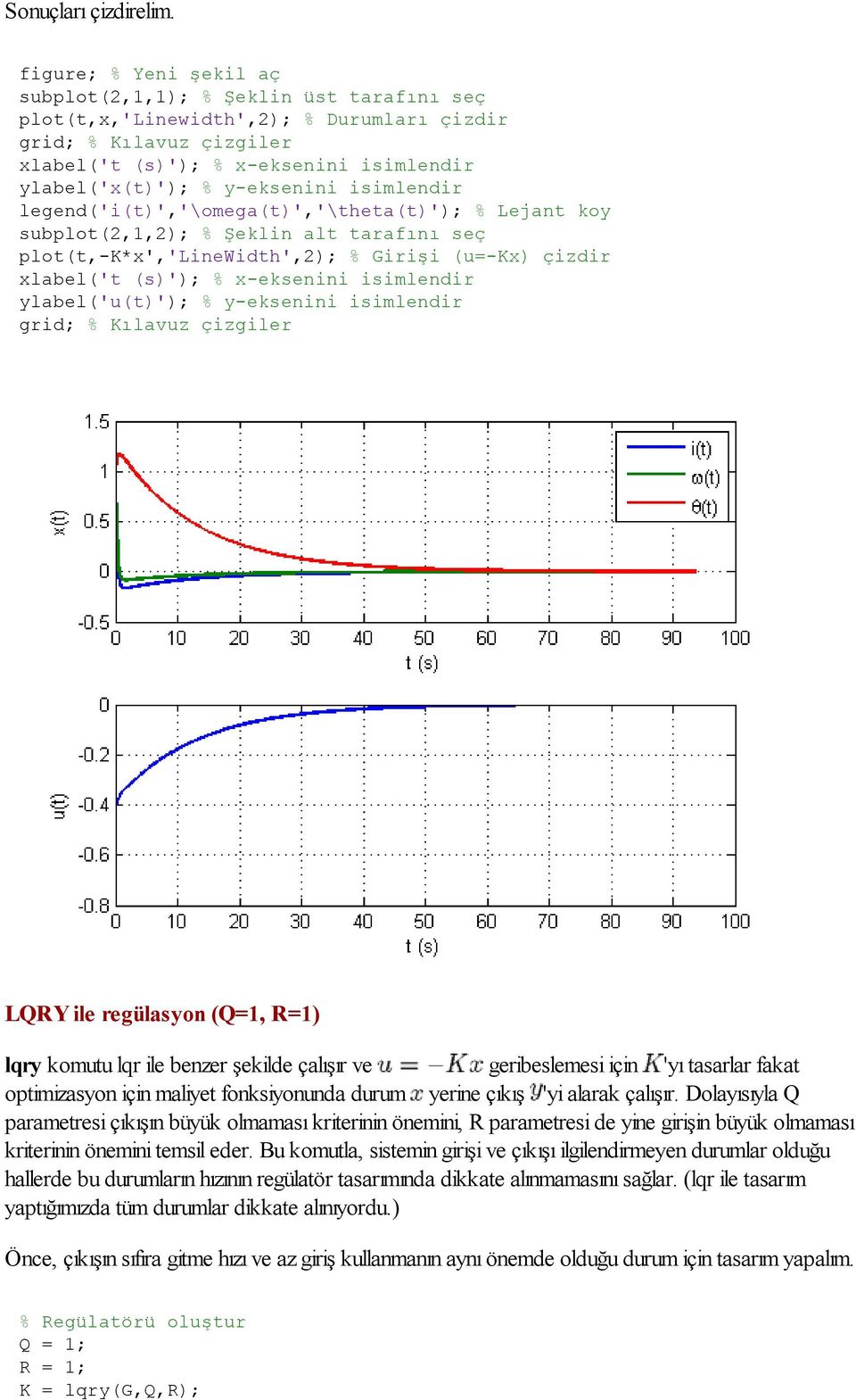 legend('i(t)','\omega(t)','\theta(t)'); % Lejant koy subplot(2,1,2); % Şeklin alt tarafını seç plot(t,-k*x','linewidth',2); % Girişi (u=-kx) çizdir % x-eksenini isimlendir ylabel('u(t)'); %