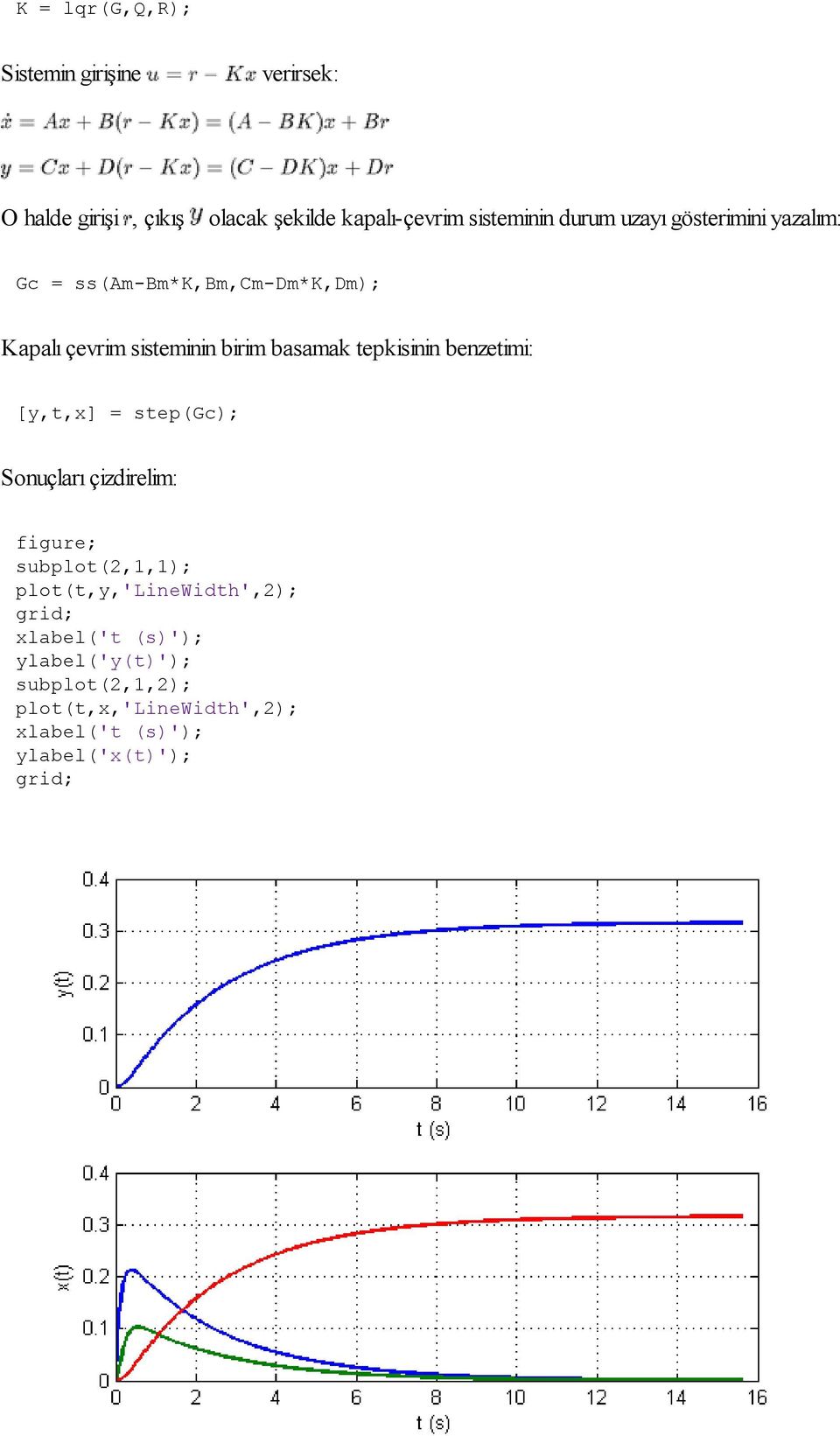 sisteminin birim basamak tepkisinin benzetimi: [y,t,x] = step(gc); Sonuçları çizdirelim: figure;