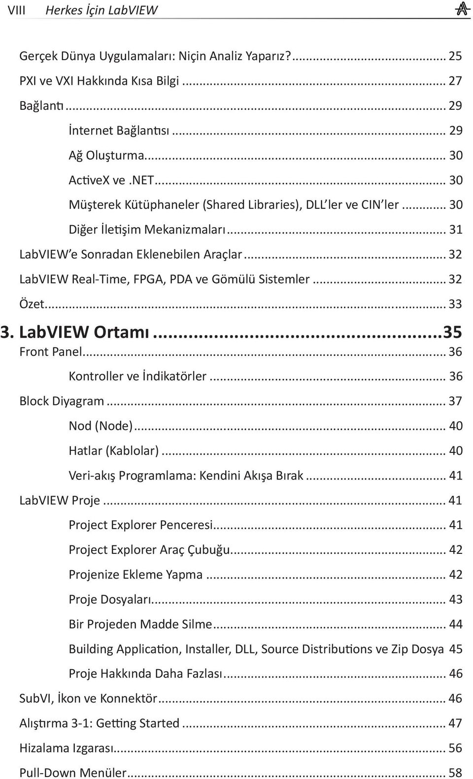 .. 32 LabVIEW Real-Time, FPGA, PDA ve Gömülü Sistemler... 32 Özet... 33 3. LabVIEW Ortamı...35 Front Panel... 36 Kontroller ve İndikatörler... 36 Block Diyagram... 37 Nod (Node)... 40 Hatlar (Kablolar).