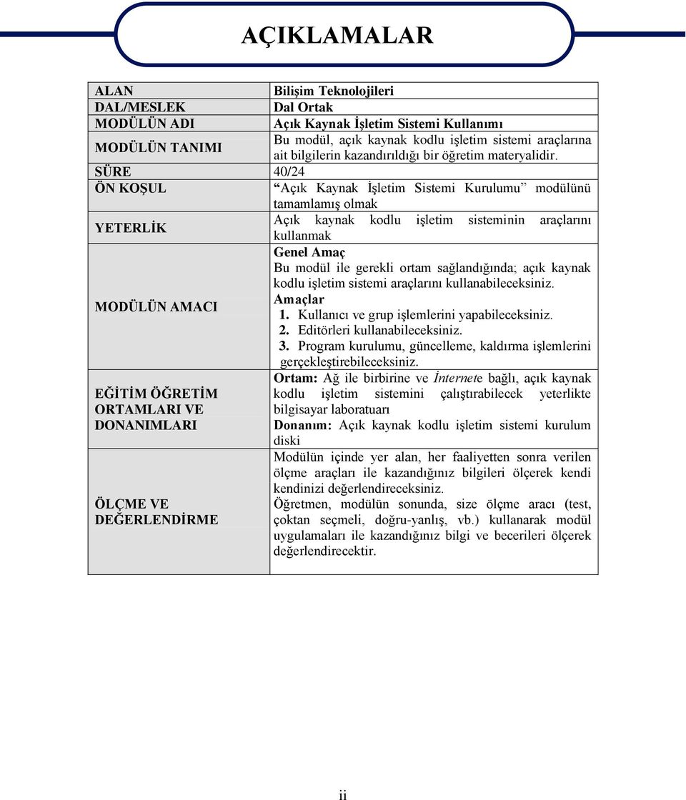 SÜRE 40/24 ÖN KOŞUL Açık Kaynak İşletim Sistemi Kurulumu modülünü tamamlamış olmak YETERLİK Açık kaynak kodlu işletim sisteminin araçlarını kullanmak Genel Amaç Bu modül ile gerekli ortam