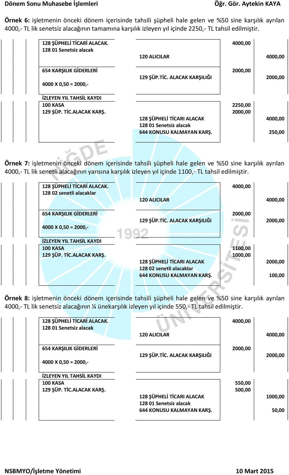 250,00 Örnek 7: işletmenin önceki dönem içerisinde tahsili şüpheli hale gelen ve %50 sine karşılık ayrılan 4000,- TL lik senetli alacağının yarısına karşılık izleyen yıl içinde 1100,- TL tahsil