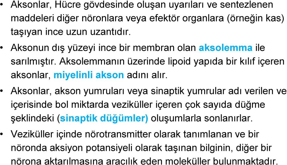 Aksonlar, akson yumruları veya sinaptik yumrular adı verilen ve içerisinde bol miktarda veziküller içeren çok sayıda düğme şeklindeki (sinaptik düğümler) oluşumlarla