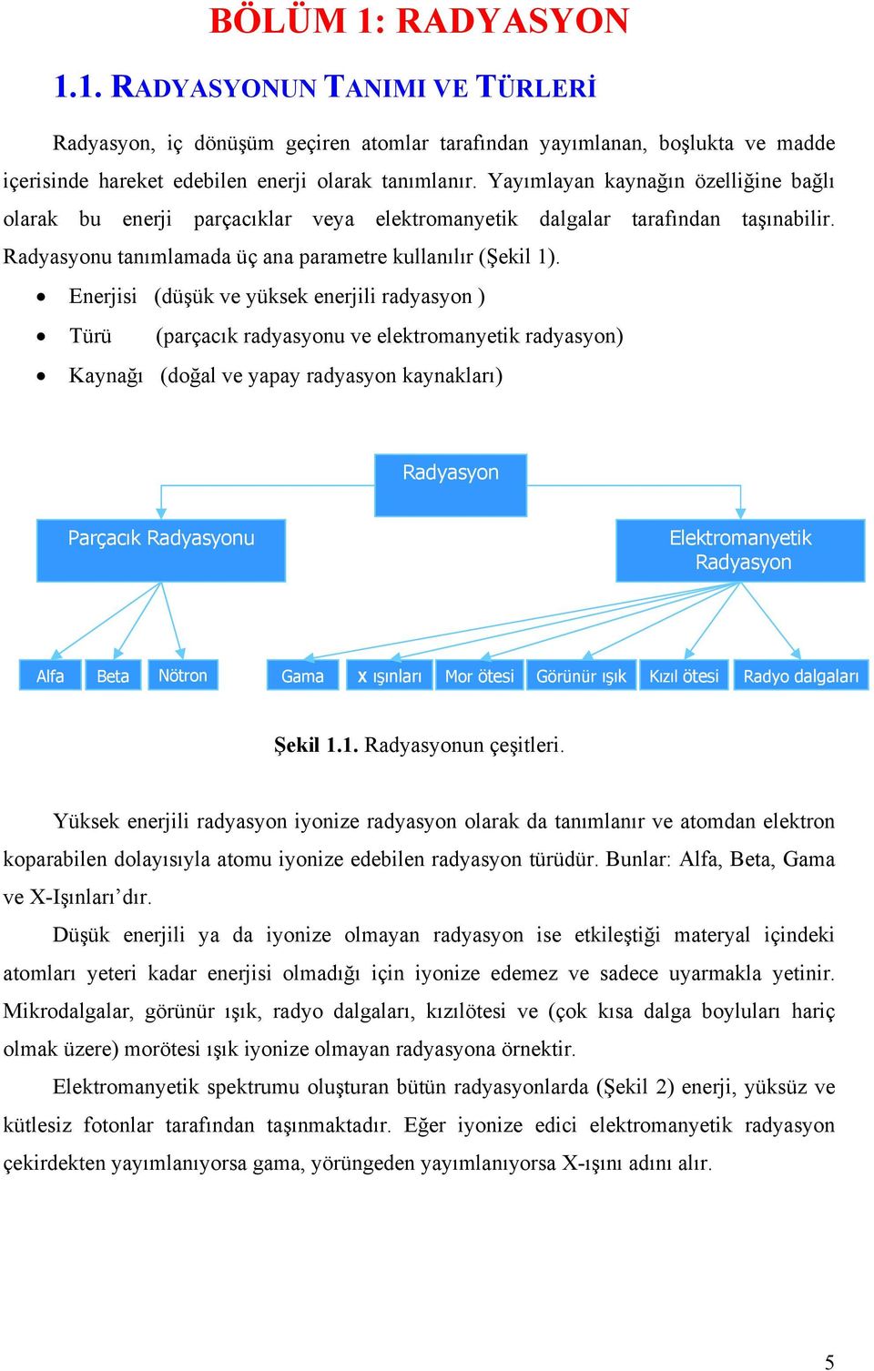 Enerjisi (düşük ve yüksek enerjili radyasyon ) Türü (parçacık radyasyonu ve elektromanyetik radyasyon) Kaynağı (doğal ve yapay radyasyon kaynakları) Radyasyon Parçacık Radyasyonu Elektromanyetik