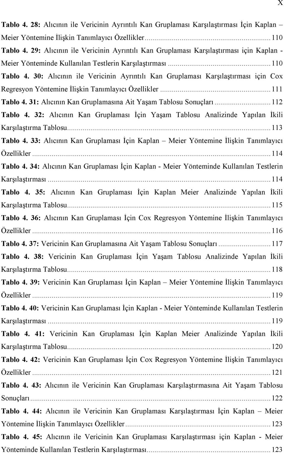 30: Alıcının ile Vericinin Ayrıntılı Kan Gruplaması Karşılaştırması için Cox Regresyon Yöntemine İlişkin Tanımlayıcı Özellikler...111 Tablo 4.