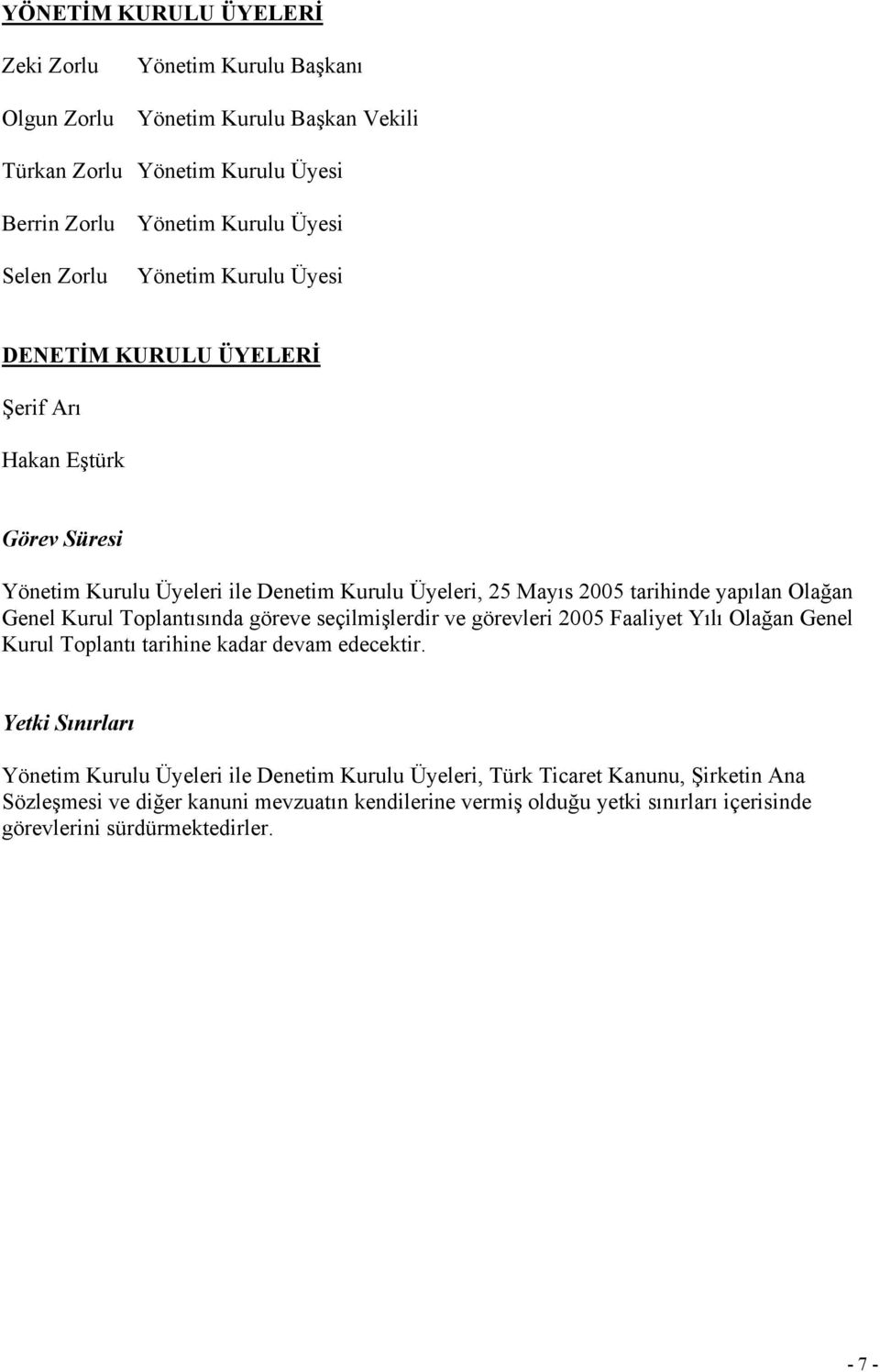 Kurul Toplantısında göreve seçilmişlerdir ve görevleri 2005 Faaliyet Yılı Olağan Genel Kurul Toplantı tarihine kadar devam edecektir.