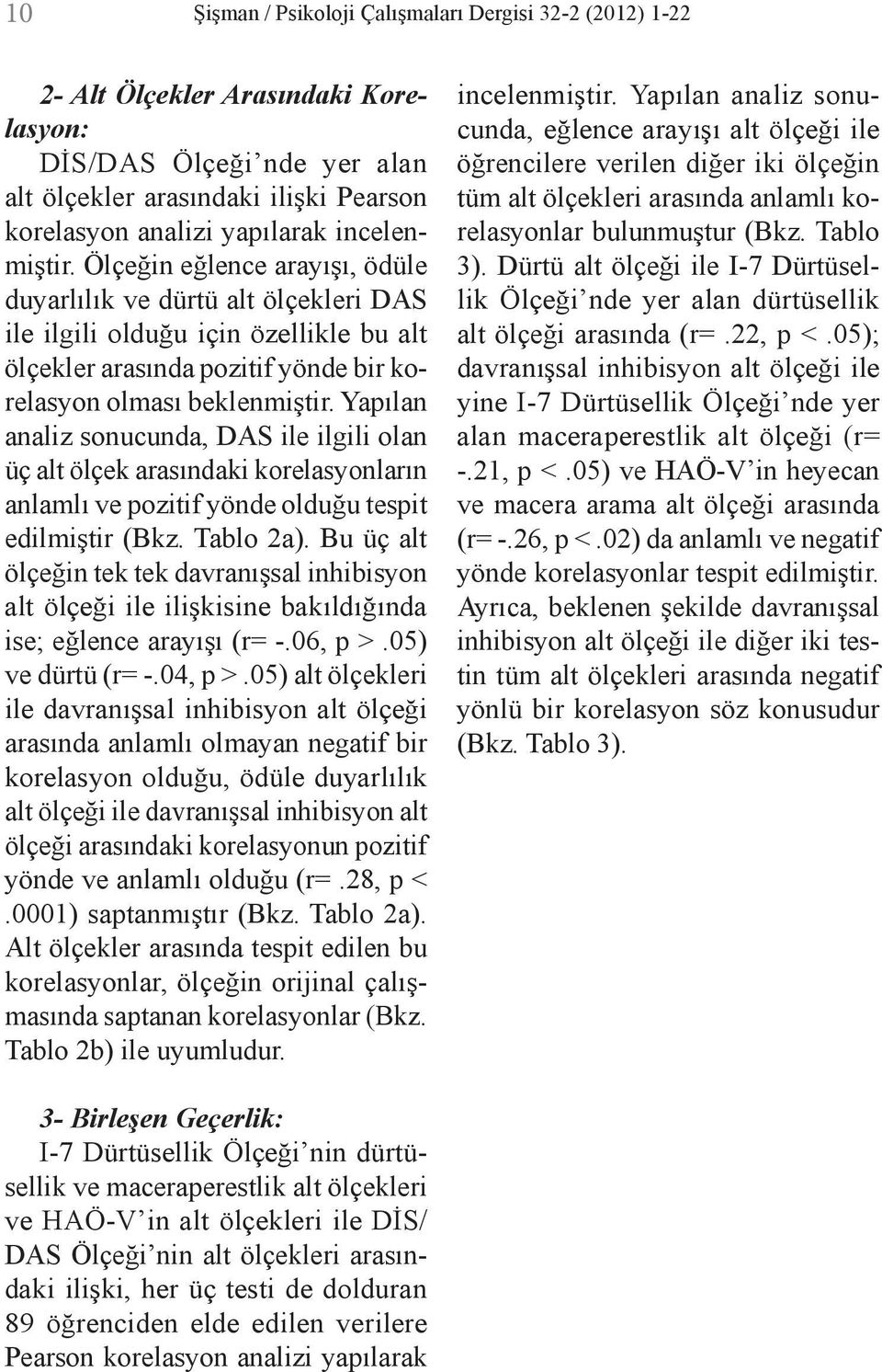 Yapılan analiz sonucunda, DAS ile ilgili olan üç alt ölçek arasındaki korelasyonların anlamlı ve pozitif yönde olduğu tespit edilmiştir (Bkz. Tablo 2a).