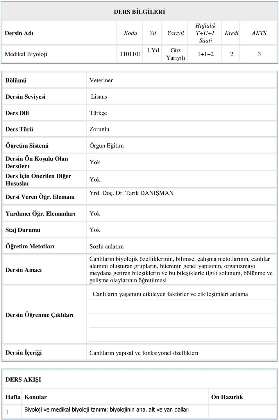 Elemanı Yardımcı Öğr. Elemanları Staj Durumu Öğretim Metotları Dersin Amacı Veteriner Lisans Türkçe Zorunlu Örgün Eğitim Yrd. Doç. Dr.
