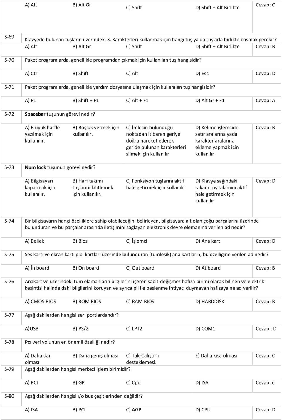 A) Ctrl B) Shift C) Alt D) Esc Cevap: D S-71 Paket programlarda, genellikle yardım dosyasına ulaşmak için kullanılan tuş hangisidir?