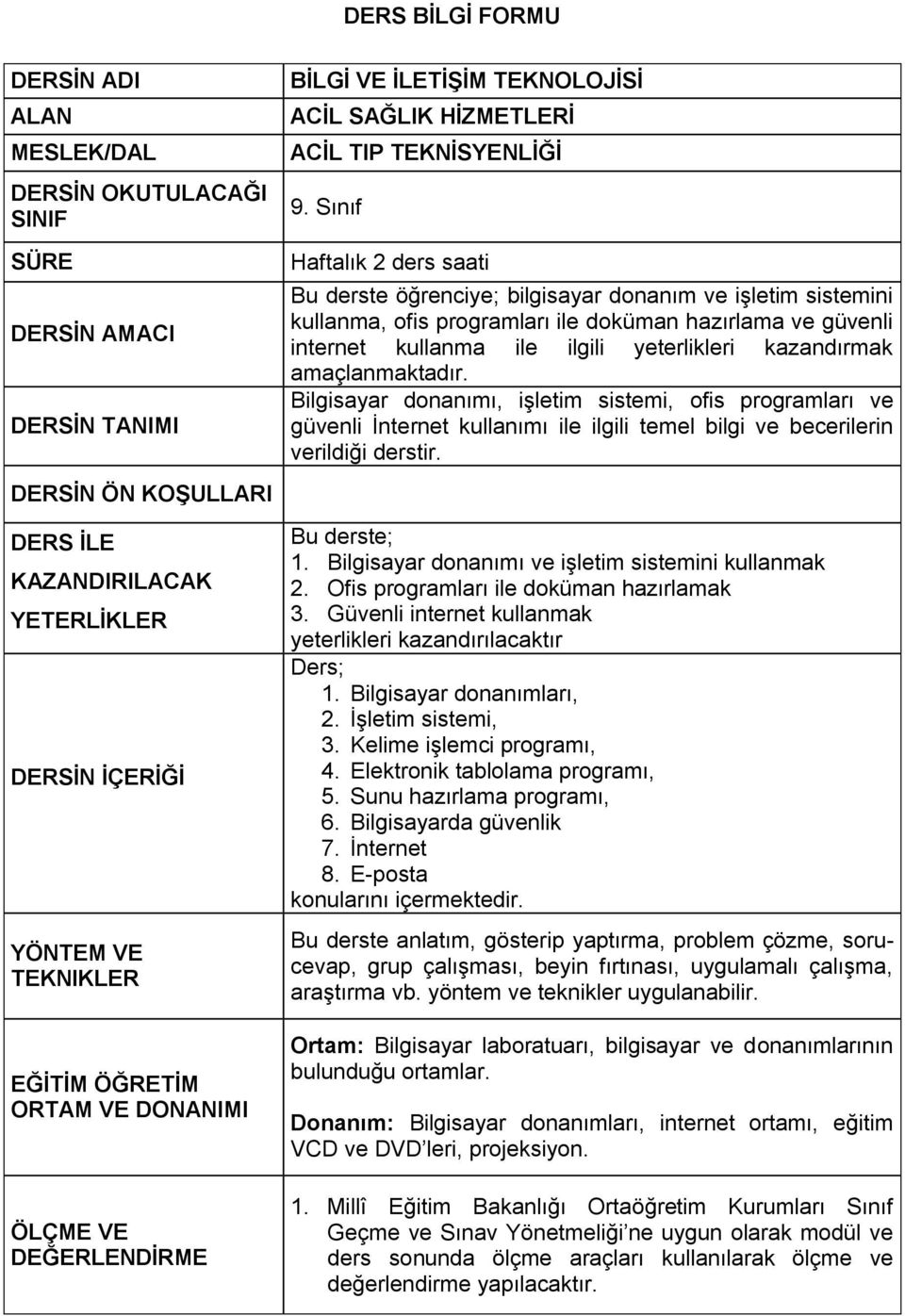 Sınıf Haftalık 2 ders saati Bu derste öğrenciye; bilgisayar donanım ve işletim sistemini kullanma, ofis programları ile doküman hazırlama ve güvenli internet kullanma ile ilgili yeterlikleri