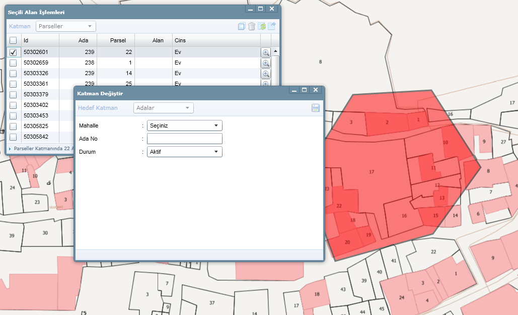 Seçili alan işlemleri (Katman Değiştirme) modülü ile seçilen alanda bulunan kayıtlar sol üst köşede yer alan katman kriterlerine göre listelenir.